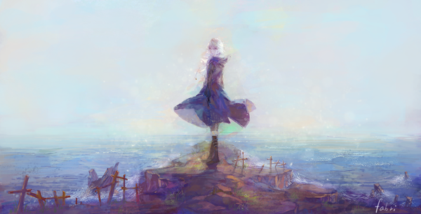 Anime picture 1300x663 with original fabri single long hair looking at viewer blonde hair red eyes wide image standing sky looking back wind sunlight hands in pockets girl water boots sea hood cross