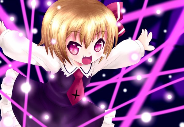 Anime picture 1300x900 with touhou rumia cicin (artist) single short hair open mouth blonde hair pink eyes spread arms chibi girl dress