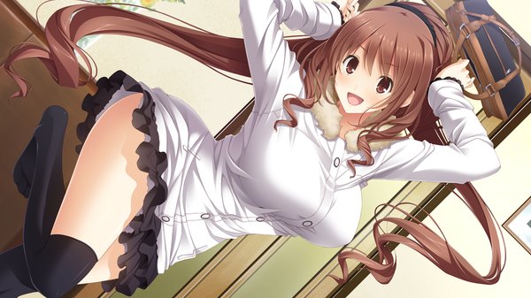 Anime picture 1280x720 with kiss bell giga kajiya ayano long hair blush breasts open mouth red eyes brown hair wide image large breasts game cg ponytail girl thighhighs skirt black thighhighs miniskirt jacket
