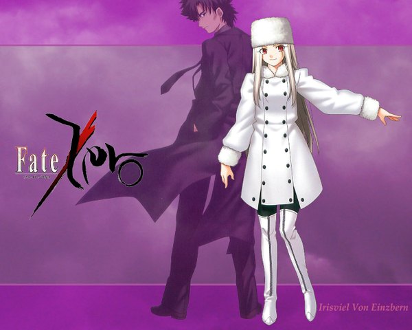 Anime picture 1280x1024 with fate (series) fate/stay night fate/zero studio deen type-moon irisviel von einzbern emiya kiritsugu long hair short hair black hair smile white hair pink eyes looking back black eyes inscription fur hat girl hat necktie