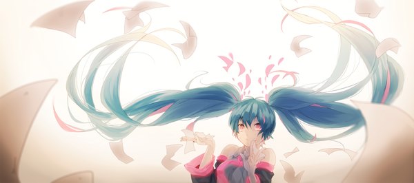 Anime picture 1428x635 with vocaloid mousou zei (vocaloid) hatsune miku jiezili single looking at viewer fringe smile wide image twintails bare shoulders blue hair very long hair pink eyes looking up girl ribbon (ribbons) hair ribbon detached sleeves paper