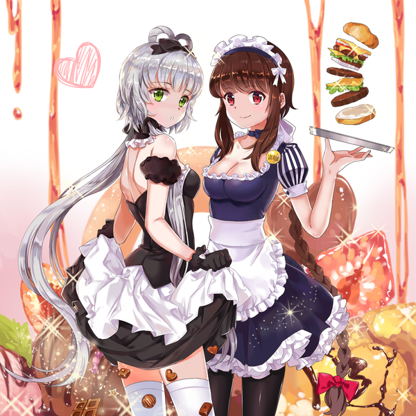 Anime picture 2480x2480 with vocaloid vocaloid china luo tianyi yuezheng ling syx (guaizi) long hair looking at viewer highres smile red eyes brown hair multiple girls green eyes silver hair braid (braids) very long hair maid girl thighhighs dress
