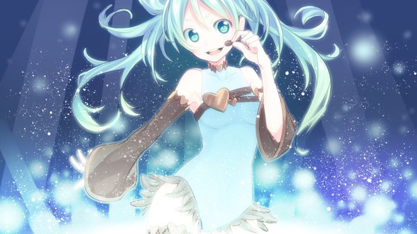 Anime picture 1500x844 with vocaloid hatsune miku single long hair open mouth wide image twintails bare shoulders long sleeves aqua hair girl dress detached sleeves heart short dress microphone hands