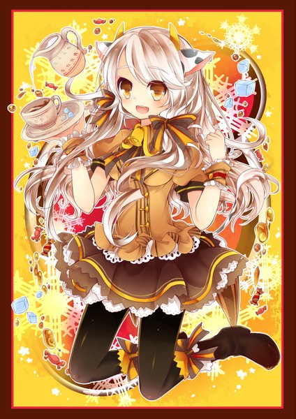 Anime picture 1131x1600 with yukijirushi yukiko-tan leeannpippisum long hair tall image blush open mouth animal ears yellow eyes white hair horn (horns) girl dress bow food sweets cup