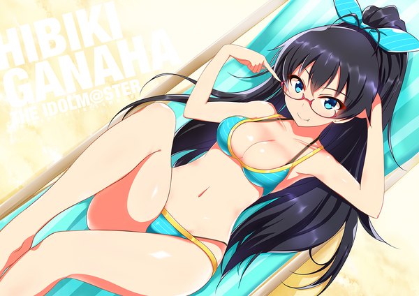 Anime picture 1280x906 with idolmaster ganaha hibiki sagamihara sakyou single long hair fringe breasts blue eyes light erotic black hair smile hair between eyes large breasts cleavage ahoge bent knee (knees) ponytail lying inscription on back