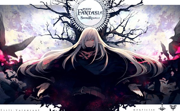 Anime picture 1000x616 with original pixiv fantasia pixiv fantasia sword regalia sinsora (pixiv) single long hair red eyes wide image white hair pointy ears inscription girl plant (plants) animal tree (trees) belt bird (birds) cross grave