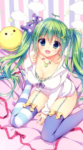 Anime picture 2519x4580 with melonbooks melon-chan ryohka single long hair tall image looking at viewer blush fringe highres breasts open mouth blue eyes light erotic hair between eyes sitting twintails cleavage green hair from above