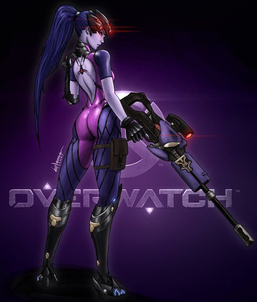 Anime picture 3244x3814 with overwatch blizzard entertainment widowmaker (overwatch) mistermat05 single long hair tall image highres light erotic standing holding signed looking away absurdres purple hair full body ass ponytail profile looking back