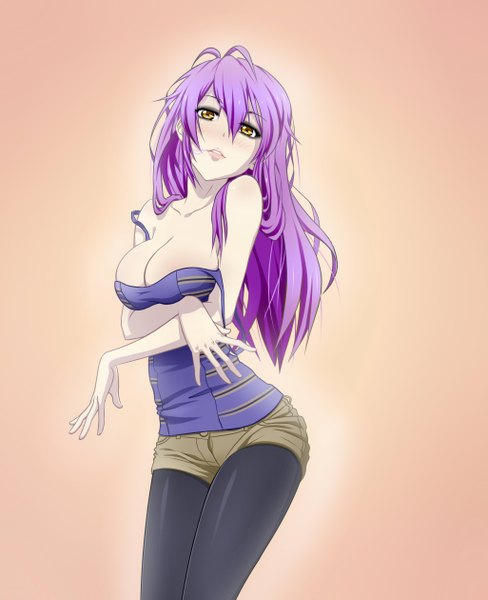 Anime picture 2050x2520 with nikita varb single long hair tall image looking at viewer blush highres breasts light erotic simple background large breasts standing yellow eyes purple hair brown background girl pantyhose shorts short shorts