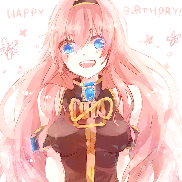 Anime picture 1200x1200 with vocaloid megurine luka lemon honey1013 single long hair looking at viewer blush open mouth blue eyes white background bare shoulders pink hair happy birthday girl