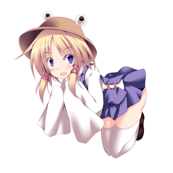 Anime picture 2000x2000 with touhou moriya suwako sakurame single blush highres short hair open mouth blue eyes simple background blonde hair white background girl thighhighs hat white thighhighs