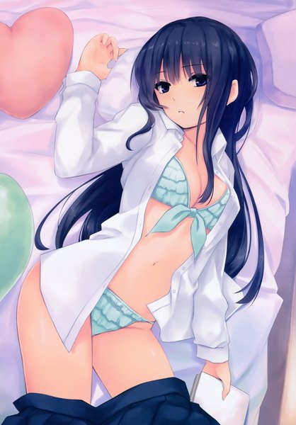 Anime picture 4880x7000 with original coffee-kizoku single long hair tall image looking at viewer blush highres light erotic black hair absurdres lying black eyes scan open clothes bare belly on back open shirt skirt pull girl