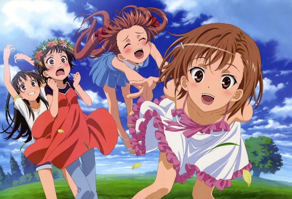 Anime picture 2000x1364 with to aru kagaku no railgun to aru majutsu no index j.c. staff misaka mikoto shirai kuroko saten ruiko uiharu kazari nakamura naoto blush highres black hair brown hair multiple girls sky scan summer girl dress flower (flowers) plant (plants)