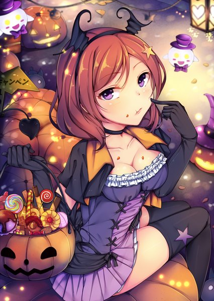 Anime picture 1000x1408 with love live! school idol project sunrise (studio) love live! nishikino maki kalian single tall image looking at viewer short hair breasts light erotic sitting purple eyes red hair halloween girl thighhighs dress gloves black thighhighs