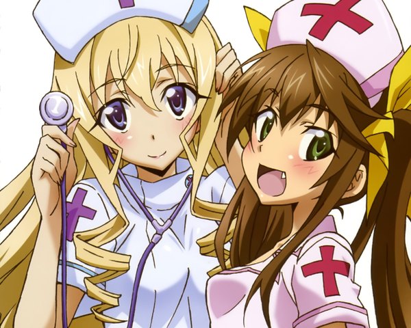 Anime picture 2560x2048 with infinite stratos 8bit cecilia orcott fang linyin long hair blush highres open mouth blonde hair brown hair purple eyes twintails multiple girls green eyes teeth fang (fangs) drill hair cosplay nurse girl