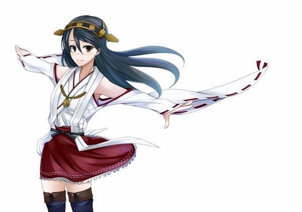 Anime picture 3970x2790 with kantai collection haruna battleship kotohane long hair looking at viewer blush highres black hair simple background white background brown eyes absurdres traditional clothes girl hair ornament detached sleeves