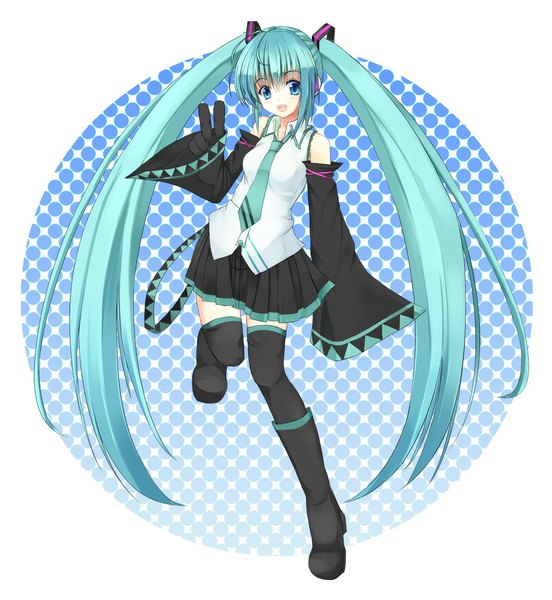 Anime picture 1000x1087 with vocaloid hatsune miku niboss single tall image open mouth blue eyes twintails very long hair aqua hair girl thighhighs skirt gloves black thighhighs detached sleeves miniskirt necktie boots