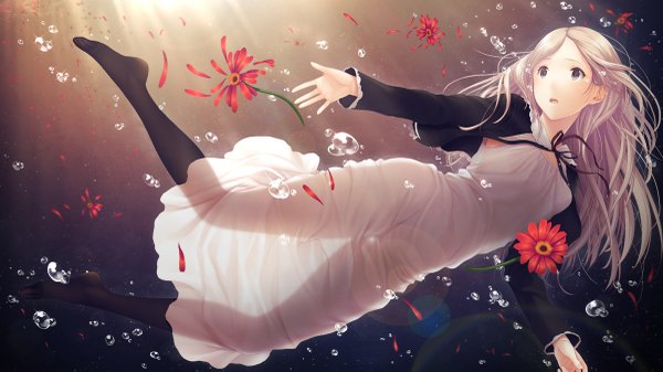 Anime picture 1200x675 with original f-cla single long hair wide image white hair black eyes see-through silhouette girl dress underwear flower (flowers) bubble (bubbles)