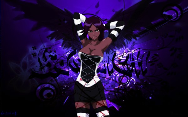 Anime picture 2560x1600 with bleach studio pierrot shihouin yoruichi highres light erotic wide image yellow eyes purple hair dark skin striped arms behind head girl wings