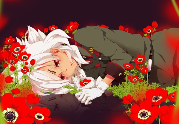 Anime picture 1424x986 with inazuma eleven badarp slead utaoka (23com) single short hair red eyes white hair lying tattoo tears reflection face paint boy gloves uniform flower (flowers) military uniform anemone (flower)