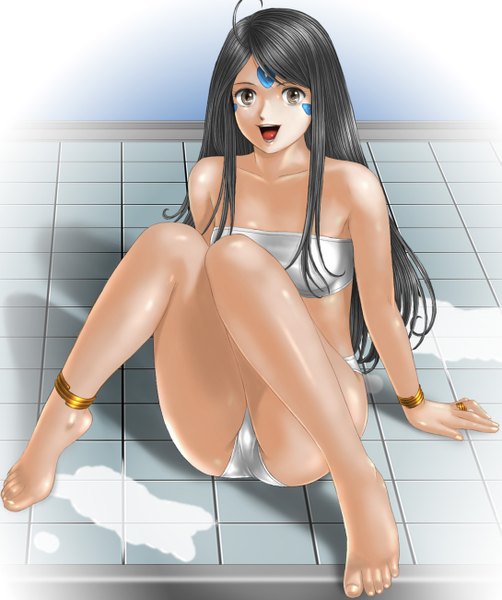 Anime picture 1089x1300 with aa megami-sama anime international company skuld long hair tall image open mouth light erotic black hair brown eyes girl swimsuit bracelet ring