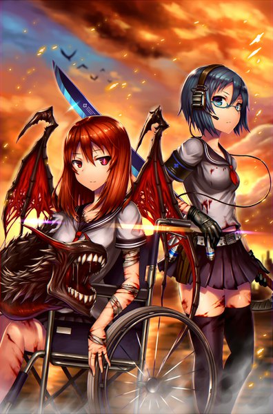 Anime picture 800x1211 with original gia long hair tall image looking at viewer fringe short hair hair between eyes red eyes sitting multiple girls holding blue hair looking away cloud (clouds) red hair pleated skirt aqua eyes light smile blurry