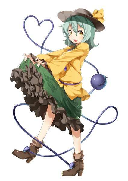 Anime picture 716x1011 with touhou komeiji koishi yuuzii single tall image looking at viewer blush short hair open mouth simple background standing white background yellow eyes aqua hair standing on one leg leg lift (legs lift) skirt hold girl skirt hat
