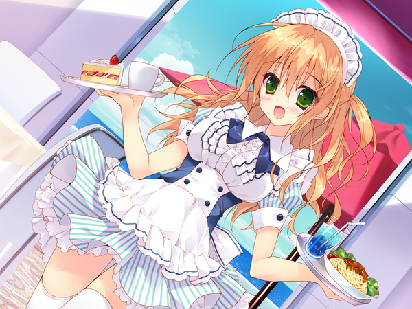 Anime picture 1280x960 with chiisana kanojo no serenade mizuka moriya tsurusaki takahiro long hair blush open mouth blonde hair green eyes game cg maid girl thighhighs dress white thighhighs food headdress sweets maid headdress cake