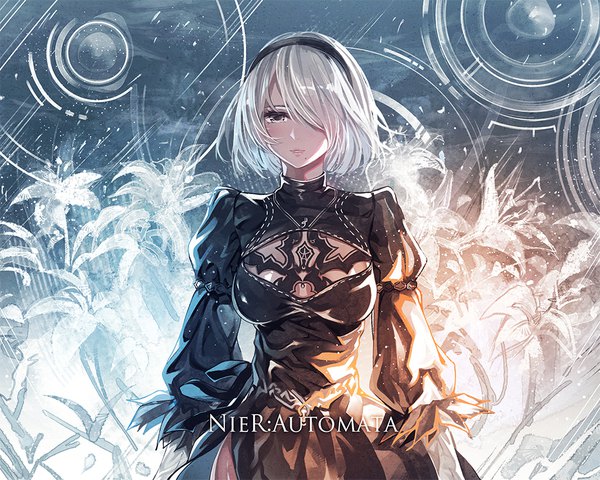 Anime picture 1000x800 with nier nier:automata yorha no. 2 type b yasuno (airy light) single looking at viewer fringe short hair breasts smile silver hair long sleeves hair over one eye mole puffy sleeves copyright name lipstick mole under mouth silver eyes pink lipstick