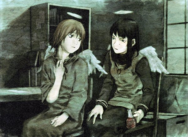 Anime picture 2409x1756 with haibane renmei rakka (haibane) reki (haibane) highres multiple girls girl 2 girls wings halo shelf bookshelf