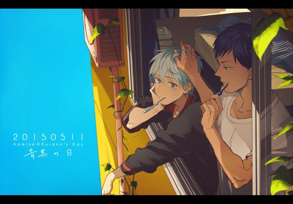 Anime picture 1200x837 with kuroko no basket production i.g kuroko tetsuya aomine daiki tonoti (sasadofu) blush blue eyes simple background signed blue hair profile light smile sunlight inscription multiple boys character names dark skin hieroglyph dated light