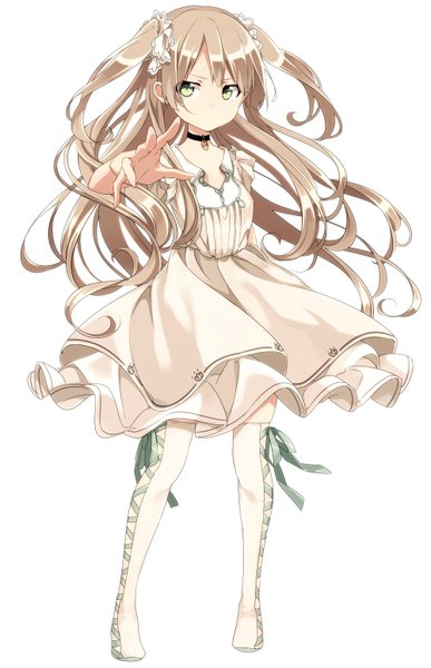 Anime picture 1000x1551 with original sama (artist) single long hair tall image blonde hair simple background white background green eyes girl thighhighs dress white thighhighs collar