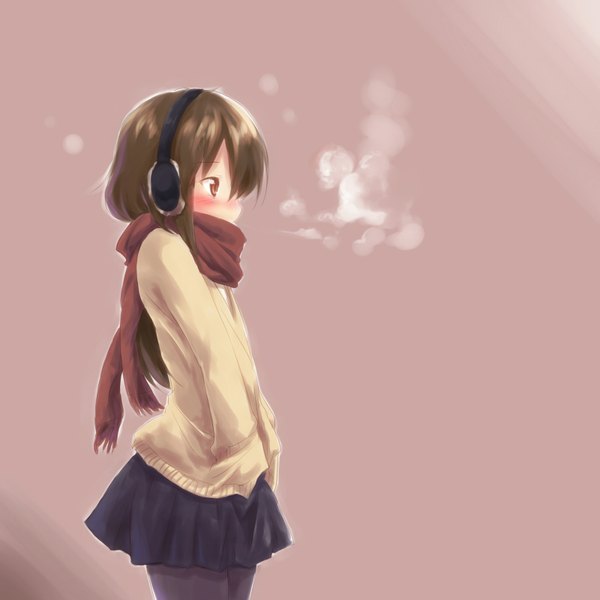 Anime picture 1600x1600 with original ayakashi (monkeypanch) single long hair blush fringe brown hair standing brown eyes looking away profile pink background exhalation hands in pockets cold girl skirt miniskirt pantyhose scarf