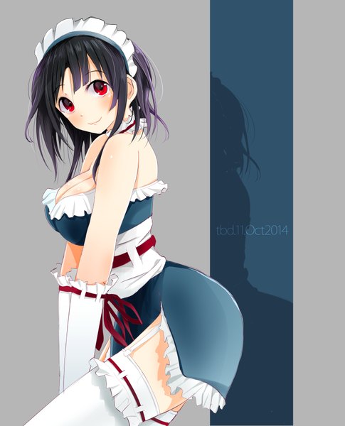 Anime picture 1616x2000 with kantai collection takao heavy cruiser tebi (tbd11) single tall image looking at viewer blush short hair breasts light erotic black hair smile red eyes large breasts bare shoulders signed cleavage inscription maid alternate costume