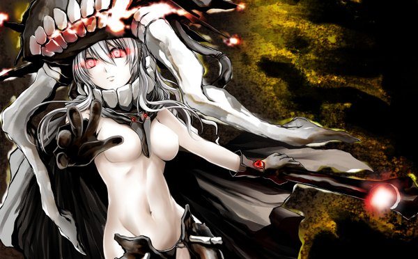 Anime picture 1408x874 with kantai collection wo-class aircraft carrier kuromayu single long hair looking at viewer breasts light erotic wide image silver hair pink eyes covered navel glowing glowing eye (eyes) shinkaisei-kan girl gloves navel bodysuit staff