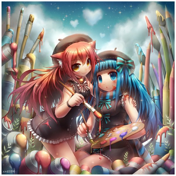 Anime picture 963x963 with original emperpep blush blue eyes smile multiple girls animal ears yellow eyes blue hair sky cloud (clouds) red hair hug framed bell collar face paint girl dress 2 girls choker