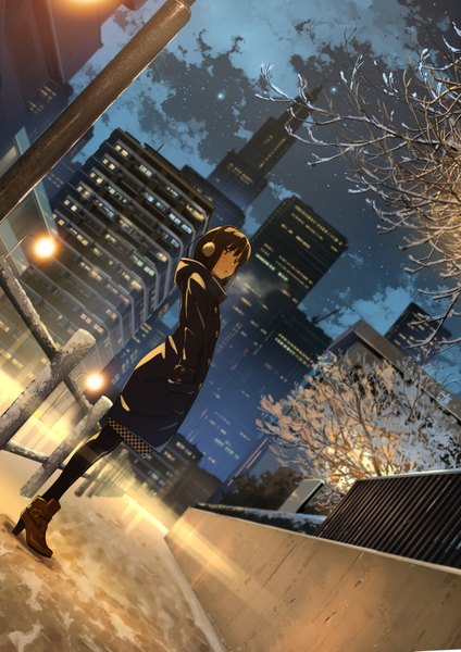 Anime picture 1200x1697 with original domo1220 single tall image blush fringe short hair brown hair brown eyes looking away cloud (clouds) outdoors long sleeves night :o high heels dutch angle night sky winter hand in pocket