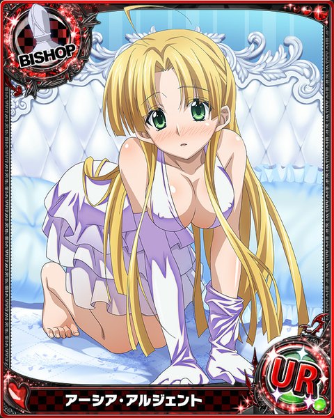 Anime picture 640x800 with highschool dxd asia argento single long hair tall image looking at viewer blush breasts light erotic blonde hair large breasts green eyes card (medium) girl dress gloves elbow gloves white gloves