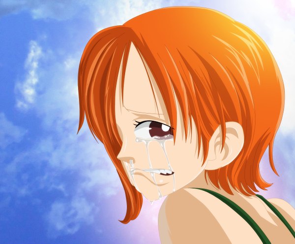 Anime picture 1330x1099 with one piece toei animation nami (one piece) kayamah fringe short hair brown eyes sky cloud (clouds) sunlight hair over one eye orange hair tears coloring portrait face crying girl
