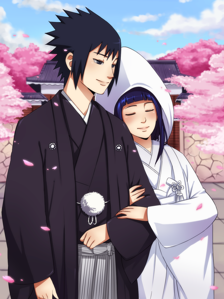 Anime picture 1200x1600 with naruto studio pierrot naruto (series) uchiha sasuke hyuuga hinata ichan-01 long hair tall image blush short hair black hair smile blue hair sky cloud (clouds) eyes closed japanese clothes black eyes hug cherry blossoms