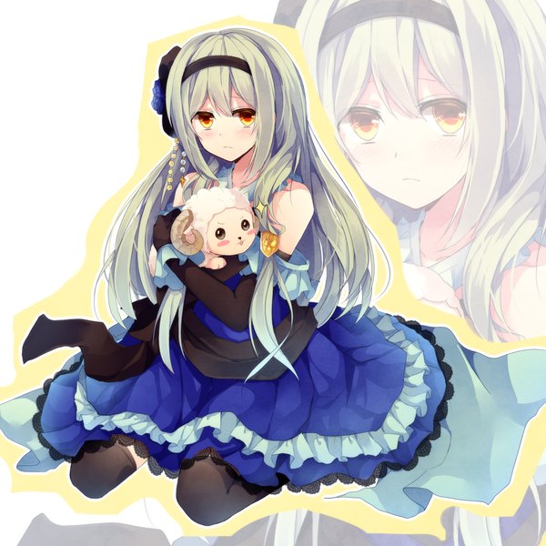 Anime picture 1200x1200 with original hiiragi souren single long hair looking at viewer blush bare shoulders yellow eyes green hair zoom layer girl thighhighs dress gloves black thighhighs elbow gloves hairband toy stuffed animal