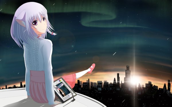 Anime picture 5000x3126 with original illia (original) riki-to single highres short hair smile wide image animal ears absurdres sky white hair braid (braids) pink eyes looking back sunlight twin braids city evening sunset