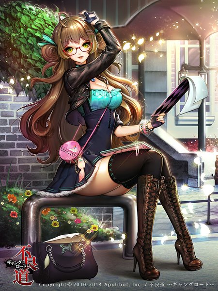 Anime picture 700x933 with furyou michi ~gang road~ dadachyo long hair tall image looking at viewer brown hair sitting green eyes ahoge copyright name girl thighhighs dress gloves flower (flowers) black thighhighs glasses boots fingerless gloves bag