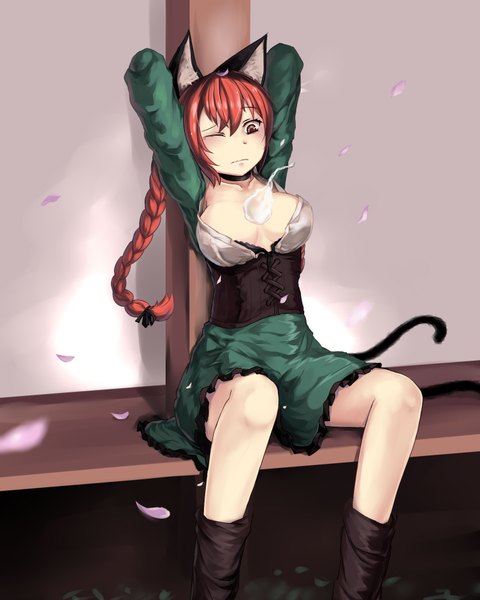 Anime picture 1600x2000 with touhou kaenbyou rin 463 jun single long hair tall image breasts light erotic red eyes sitting animal ears cleavage red hair animal tail cat ears cat girl cat tail cherry blossoms arms behind head girl