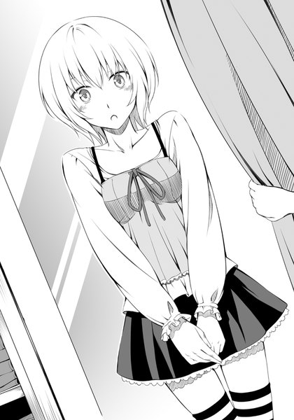 Anime picture 1344x1920 with gate - jieitai ka no chi nite kaku tatakaeri a-1 pictures lelei la lalena kurojishi (artist) tall image looking at viewer blush fringe short hair breasts open mouth hair between eyes standing bare shoulders indoors long sleeves official art :o embarrassed monochrome