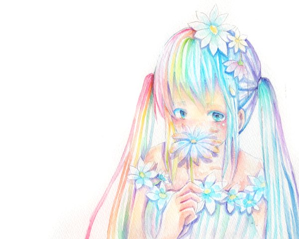 Anime picture 1280x1024 with vocaloid hatsune miku single long hair blush blue eyes simple background white background twintails bare shoulders multicolored hair hair flower girl hair ornament flower (flowers)