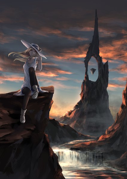 Anime picture 1060x1500 with original kanjou jouki (aldarsign) single long hair tall image looking at viewer blonde hair red eyes sitting sky cloud (clouds) full body bent knee (knees) outdoors wind arm support sleeveless adjusting hat rock waterfall