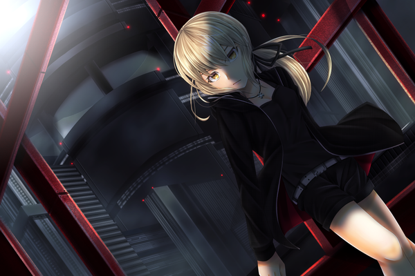 Anime picture 2250x1500 with fate (series) fate/grand order fate/stay night artoria pendragon (all) saber alter kelly mtmr single long hair looking at viewer fringe highres blonde hair hair between eyes yellow eyes open jacket shaded face low ponytail arm behind back jet black king of knights ver. shinjuku 1999 girl