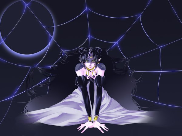 Anime picture 2048x1532 with bishoujo senshi sailor moon toei animation queen nehelenia single long hair highres black hair sitting yellow eyes pointy ears kneeling wavy hair crescent eclipse girl dress hair ornament detached sleeves moon beads