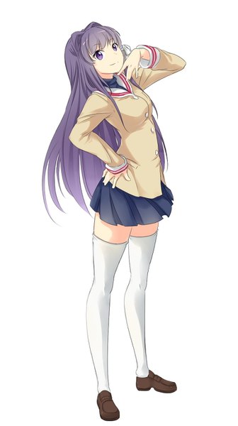 Anime picture 771x1375 with clannad key (studio) fujibayashi kyou saruno (eyesonly712) single long hair tall image fringe simple background smile standing white background purple eyes looking away purple hair full body pleated skirt zettai ryouiki hand on hip hand to mouth